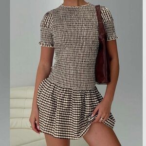 NWOT Laurita Shirred mini dress brown check.